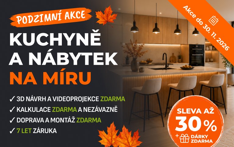 Podzimní akce na kuchyně a nábytek na míru – sleva až 30 %, dárky ZDARMA