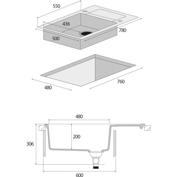 Granitový dřez s odkapem DG05L60bc Linea ČERNÝ